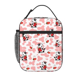 VIELEGELD Cows Lunch Bag,Strawberry Reusable Insulated Lunch Box Large Capacity Meal Tote for Kids Women Men Cooler Bag, Durability of Lunch Tote for Work School Picnic, Strawberry Cows Print