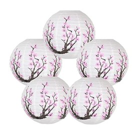 Auch 5 Pack Chinese Japanese Pink Cherry Flowers (12" Diameter) White Round Chinese Japanese Paper Lamp for Shade Chinese Oriental Style Light Restaurant Wedding Party Home Decor Gifts