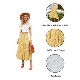 Hibluco Women's Floral Midi Skirts Elastic High Waist A-Line Swing Skirts Yellow