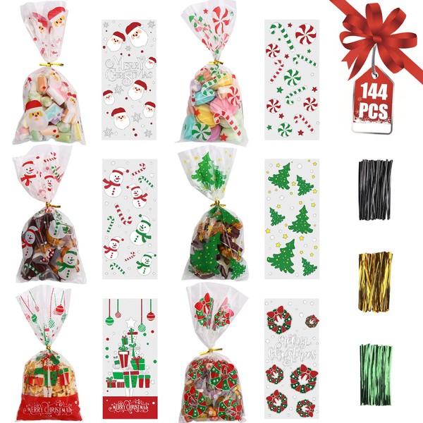STEFORD 144PCS Christmas Cellophane Bags,Xmas Clear Candy Treat Cellophane Bag with 210PCS Twist Ties for Christmas Party Favors
