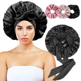 Satin Bonnet for Sleeping Women with 3 Scrunchies,Double Layer Hair Bonnet for Sleeping with Tie Band for Curly Hair Braids Long Hair (Black)