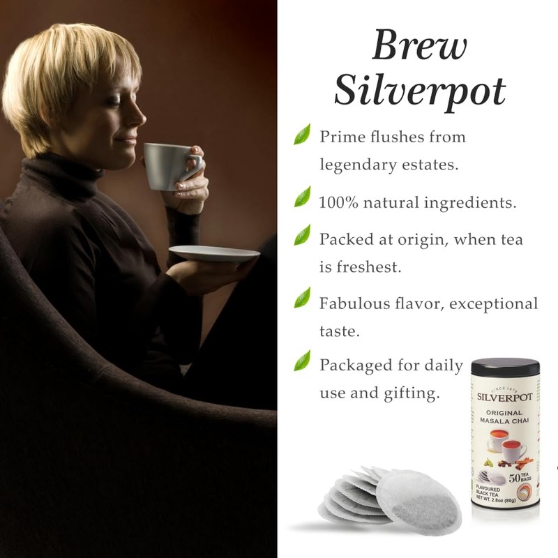 Silverpot Original Masala Chai, 50 Round Tea Bags, Tin |