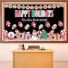 Justforjoyful Christmas Bulletin Board Decoration Xmas Snowman Cutouts DIY Photo Crafts Christmas Ball Gingerbread Bulletin Board Set for Holiday Winter Chalkboard Wall Classroom Decor School Supplies