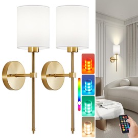 A1A9 Battery Operated Wall Sconce Set of 2, Brushed Gold Cordless Rechargeable Wall Sconces with Dimmable LED Bulb and Remote, 13 Colors Wall Lights for Bedroom Living Room Hallway