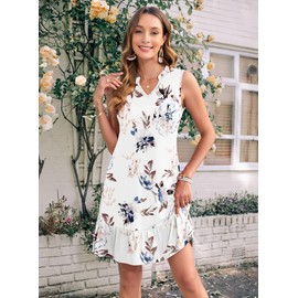MOLERANI 2025 Casual Beach Dress Women Flowy Sleeveless Mini Sundress Vacation A-line Dress with Pockets,Floral White,L