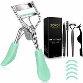 Zowor Eyelash Curler with Comb and Brush Fit All Eye Shape Curved Eyelash Curlers with 5PCS Silicone Refill Pad,Natural and Long Lasting Lash Curler for Women Make Up Gift(Green)