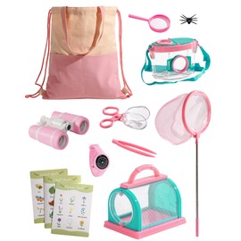 ROBOTIME Bug Catcher Kit for Kids, 12Pcs Explorer Kit, Outdoor Adventure Set with Kids Binoculars, Butterfly Net, Insect Box, Magnifying Glass and Compass Watch for Toddlers 3-12 (Pink)