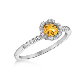 Tuscany Silver Women's Sterling Silver Rhodium Plated 8mm Flower Petal Yellow CZ Ring #56