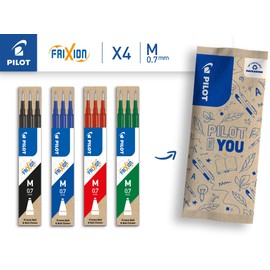 Pilot FriXion Gel Rollerball Pen Refills, 0.7 mm, Pack of 12, Black/Blue/Red/Green, with Erasable Ink, Compatible with FriXion Ball and Clicker, Medium Thickness