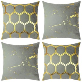 Red Rainbow 4 Pack Gold Metallic Velvet Cushion Covers Marble Hexagon 18 inch 45 cm Square (Grey)