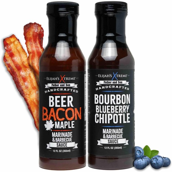 Elijah's Xtreme BBQ Bundle: Beer Bacon Maple BBQ Sauce and Bourbon Blueberry Chipotle Barbecue Sauce - Unique Twist on Traditional BBQ Sauces, Perfect for Grilling, Dipping & Marinading (12oz bottles)