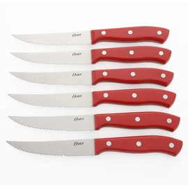 Oster Evansville 14 Piece Stainless Steel Kitchen Cutlery Stainless Steel Knife Block Set, Red Handles