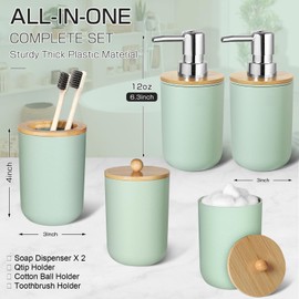 ALPIRIRAL Green Bathroom Accessories Set 5 Pcs, Plastic Sage Green Bathroom Decor, Lotion Soap Dispenser and Toothbrush Holder Set, Qtip & Cotton Ball Holder, Green Bathroom Set, Boho Bathroom Decor