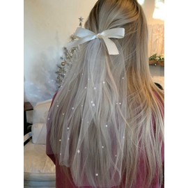 Jeairts Bride Wedding Veil Comb Pearl Bridal Hair Piece White Tulle Veils with Bow Tie Bachelorette Party Hair Accessories for Women and Girls (Style A)