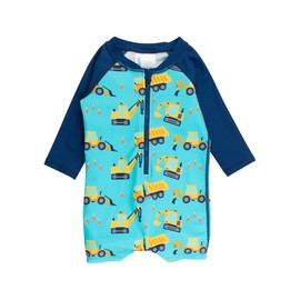 RUGGEDBUTTS Baby/Toddler Boy Swimsuit, One Piece Zipper Rash Guard Sunsuit with UPF 50+ Sun Protection - Under Construction, 6-12m