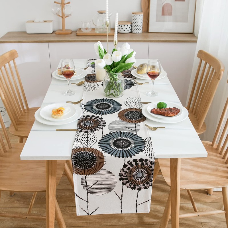 Table Runner Flowers Modern Abstract Table Runner Green Brown Table