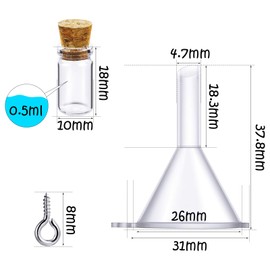 Yungyan 50 Pieces Small Mini Glass Bottles Jars with Cork Stoppers Set, Tiny Cork Glass Bottles with Eye Screws and Small Funnel for Decoration, Art Crafts, DIY Projects, Party Favors (0.5ml)