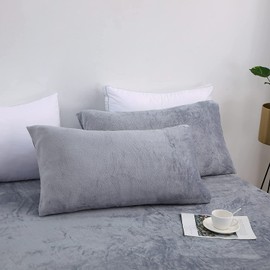 King Pillow Cases 2 - Fuzzy Pillow Case Covers Zip, Plush Velvet Flannel Pillow Shams, Ultra-Soft Comfort and Breathable, Light Grey (20x36 Inch)