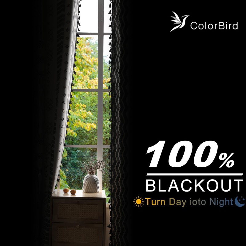 Colorbirtd 100% Blackout Boho Curtains 2 Panels 63 Inch Black