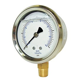 PIC Gauges 201L-208E Bottom Mount Glycerine Filled Pressure Gauge w/ SS Case, Brass Internals, SS Bezel, PC Lens, 2" Dial, 0/100 psi Range, 1/8" Male NPT
