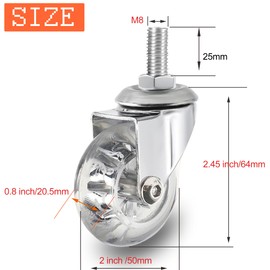 2 inch Stem Caster Wheels, M8×25mm Threaded Stem Castors Wheel, 360 Degree Rotated Crystal Clear Wheels,Soft Polyurethane Furniture Wheels for Carts and DIY Projects