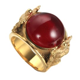 PAURO Men's Stainless Steel Vintage Gold God of Wealth Signet Copper Coins Pattern Engraved Ring with Round Ruby Size P