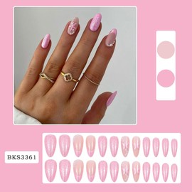24Pcs Pink Press on Nails Medium Almond Fake Nails with Pearl Starfish Design Summer Beach Acrylic Stick on Nails French Tip Nails Glitter Artificial Nails Full Cover Glossy Glue on Nails for Women