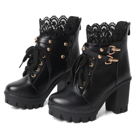 FOREADA Goth Boots Chunky Heel Boot For Women Ankle Combat Booties Black Platform Bootie Buckle Rivets Punk Goth Shoes With Zipper