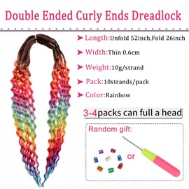 Curly Dreads with Box Braid Boho Style Dreads Synthetic Double Ended Dreadlock Extensions 26inches 10 Strands Thin Soft DE Dreadlock Extensions (Rainbow)