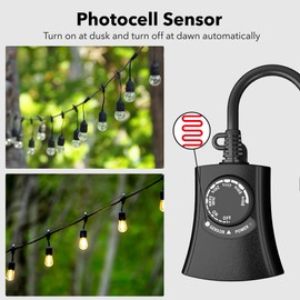 HBN Outdoor Light Timer Waterproof, Weatherproof Photocell Dusk to Dawn Light Sensor, 2/4/6/8 Countdown Timer, 2 Grounded Outlet for Christmas Lights，Hallowen Deceration，1875W 15A 1/2HP