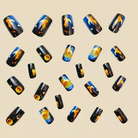 24 Pcs Black Press on Nails Glossy Fake Nails Starry Sky Moon Design Medium Square False Nails Press ons Sparkly Full Cover Blue Stick on Nails Spring Nails for Women DIY Manicure Decor