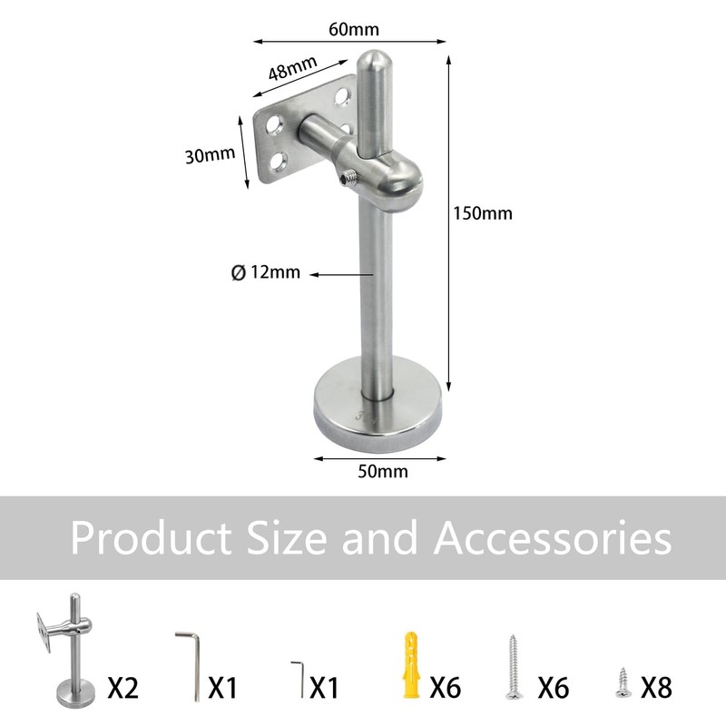 Handrail Holder Stainless Steel Adjustable Handrail Bracket, Pack of 2