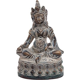 Exotic India Tibetan Buddhist Kubera with Jewel and Nakula (Mongoose) - Brass Statue - Color Super Antique Color