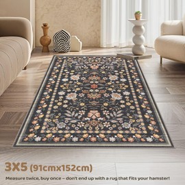 UERMEI 3x5 Area Rug Living Room Rugs - Washable Boho Vintage Floral Large Soft Non Slip Thin Rug Low Pile Carpet for Bedroom Dining Room Kids Playroom Office Decor Indoor- Black Grey