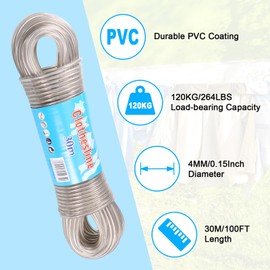 Yimomoyi 30 m Washing Line, Extra Strong with Steel Core, Outdoor Clothesline, 120 kg Load Capacity, Washing Line with Steel Core, Tear-Resistant and Rustproof Washing Line for Outdoor Garden (Beige)