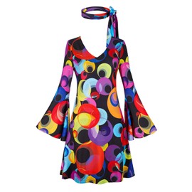 Lehauya 70s Outfits for Women: Disco Outfit Woman V-Neck - Club Party Dress - Hippie Costume Colorful Circle X-Small