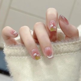 Nail Tip, Short, Medium, 24 Pieces, Nail Tip, False Claws, Cat Eye, Pink, Flesh Color, Flowers, Diamond, 3D Nail Stickers, Popular, Japanese Style, Cute, Simple, Fashionable Party, Nail Tip, Autumn,