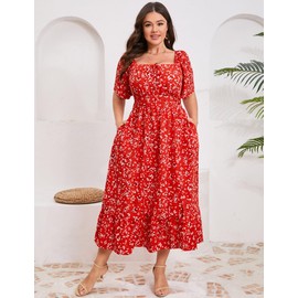 ShopWonder Womens Plus Size Square Neck Floral Print Summer Dress Ruffle Short Sleeve Tie Front Slit Hem Boho Maxi Dress Red White Flower 3XL