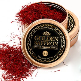 GOLDEN SAFFRON Golden Saffron, Finest Pure Premium All Red Saffron Threads, Grade A+ Super Negin Non-GMO Verified. For Tea, Paella, Rice, Desserts, Golden Milk and Risotto (2 Grams)