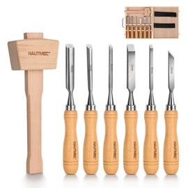 HAUTMEC 7PCS Wood Carving Chisel Tool Set,Wood Gouge Tools with Carpenters Beech Mallet in Wooden Presentation Box for Woodworking HT0393