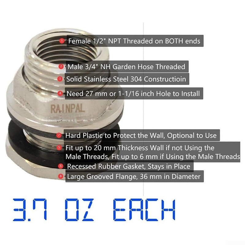 and Leakproof Bulkhead Tank Fitting, 304 Stainless Steel Construction (1/2)