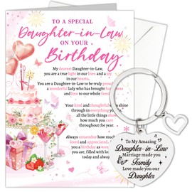 HOWAF Daughter in Law Birthday Cards Gifts, Happy Birthday Card & Keyring Engraved for Daughter in Law Gifts