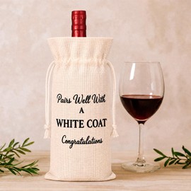 Tudomro 1 Pcs Pairs Well with a White Coat Ceremony Gifts White Coat Wine Bottle Cover Future Doctor Gift Linen Drawstring Wine Bag for Doctor Physician Assistant