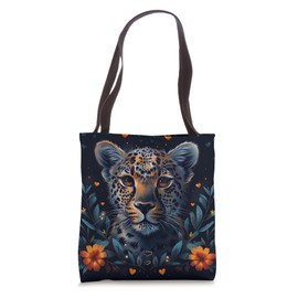 Leopard Flowers With Hearts Around Boho Style Graphic Tote Bag