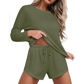 Ekouaer Womens Waffle Knit Pajama Sets Long Sleeve Top and Shorts Matching Lounge Set Sleepwear Loungewear Sweatsuit with Pockets Army Green X-Large