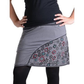 Vishes - Alternative Clothing - Printed and Embroidered Cotton Skirt with Flowers and Trouser Pockets, gray