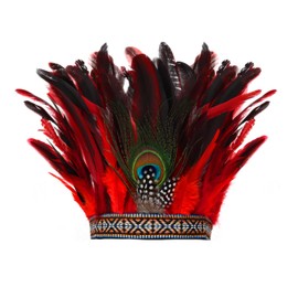 DAZCOS Peacock Feather Headband Crown Carnival Headpiece Fascinator Headdress 1920s Gatsby Cosplay Headwear (Red 1)