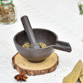 Sungmor Cast Iron Mortar and Pestle, Small Heavy Duty Black Spice Grinder Set, 3.9" Mortar with Pour Spout and 3.9" Long Pestle, Rustic Useful Kitchen Tools for Grinding Spices, Herbs, Nuts and Pesto