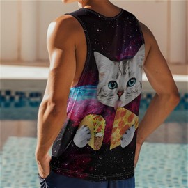 Space Cat with Pizza Mens Beach Tank Tops Novelty Graphic Quick Dry Sleeveless Shirt for Beach Workout S-4XL