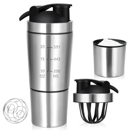 ROCKY&CHAO Protein Shaker Stainless Steel 700 + 200 ml Protein Shaker Cup with Powder Compartment for Sports Fitness Protein Shaker Protein Bottle (with Button Lid | Black)